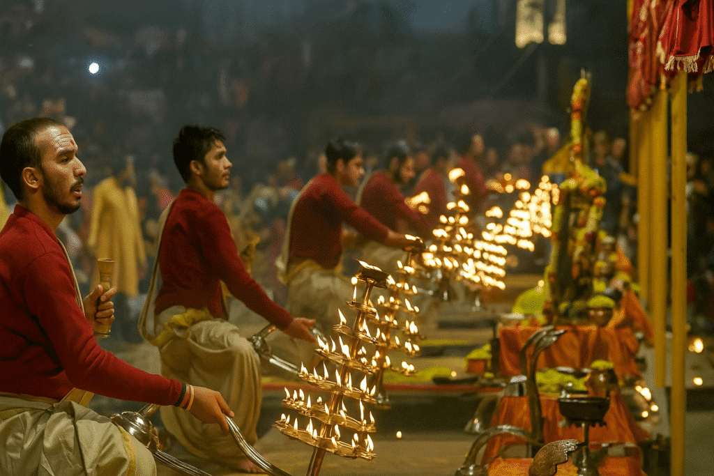 Pandits Performing Ganga Aarti At Ghat of Banaras