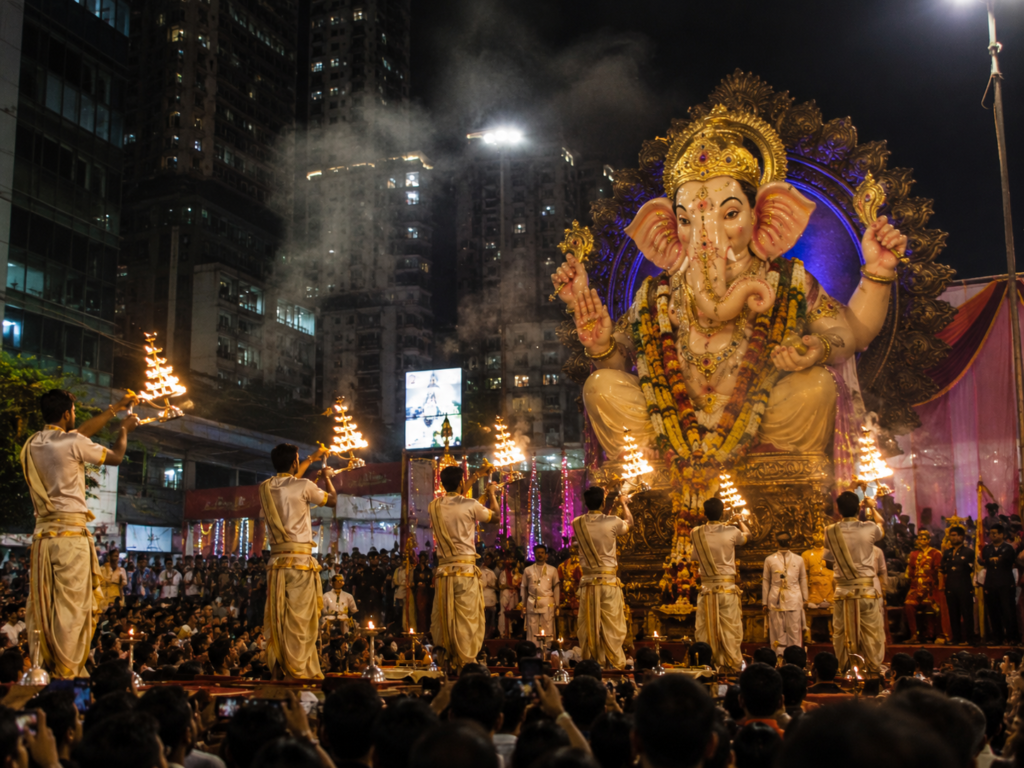 Priests doing ganga aarti at ganesh pooja