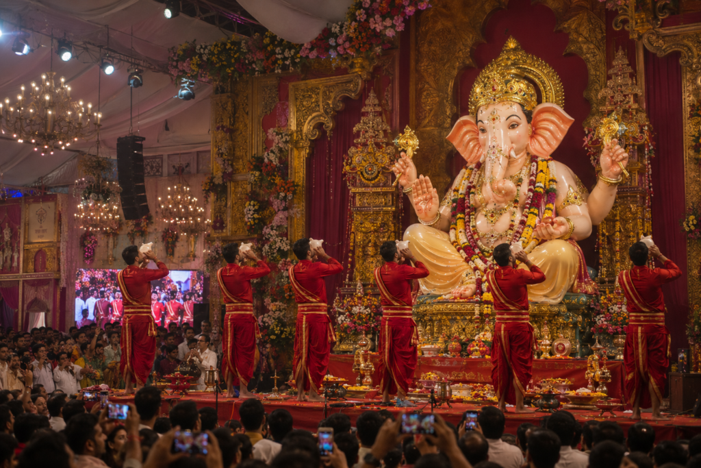 purohits doing ganga aarti at ganesh pooja